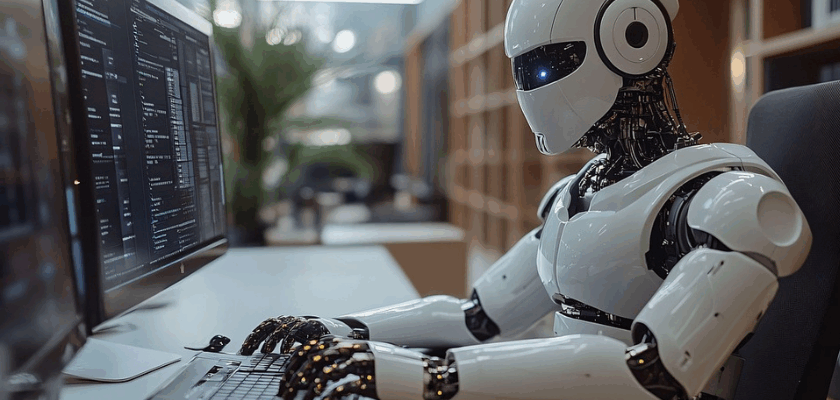 Humanoider Roboter sitzt an einem Schreibtisch und programmiert an einem Computer mit Code auf dem Bildschirm