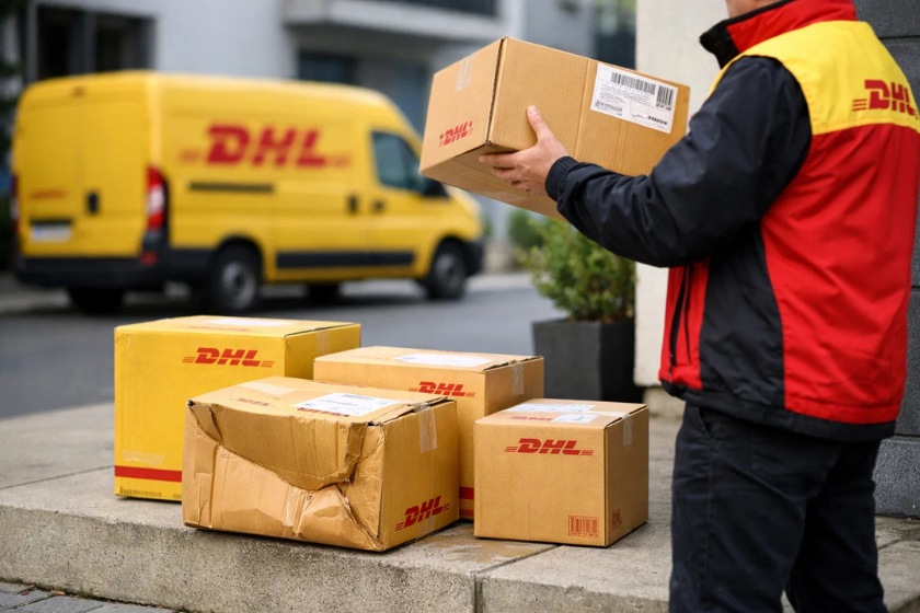 Mehrere DHL-Pakete stehen vor einem Wohnhaus, eines davon ist sichtbar beschädigt und eingedrückt. Ein Zusteller in DHL-Kleidung hält ein weiteres Paket in der Hand, während im Hintergrund ein gelber DHL-Transporter zu sehen ist.