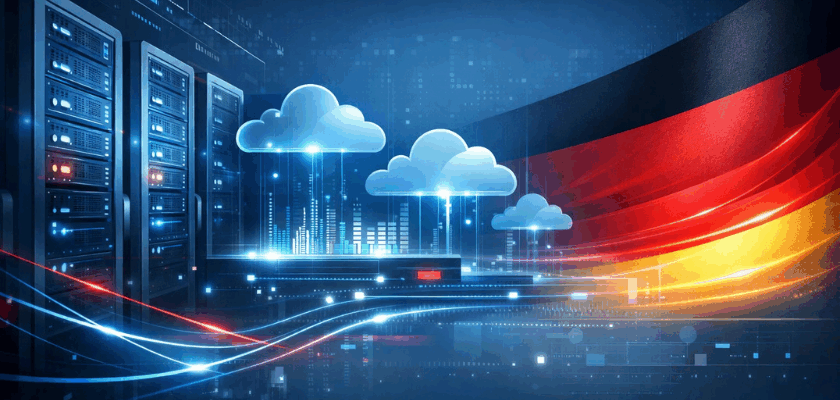 Moderne IT-Infrastruktur mit Servern und Cloud-Technologie, kombiniert mit einer stilisierten Deutschlandflagge in einem futuristischen Tech-Design