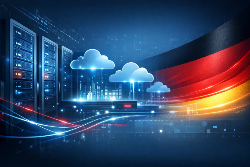 Moderne IT-Infrastruktur mit Servern und Cloud-Technologie, kombiniert mit einer stilisierten Deutschlandflagge in einem futuristischen Tech-Design