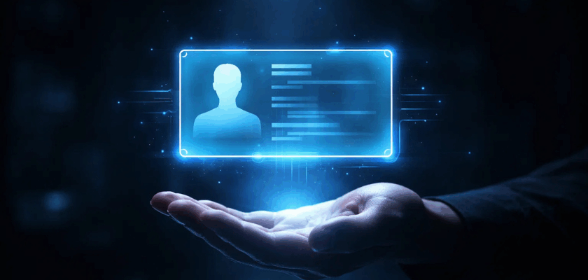 Futuristischer digitaler Ausweis als holografische Karte, die über einer offenen Hand schwebt, vor dunklem Hintergrund mit blauen Lichteffekten.