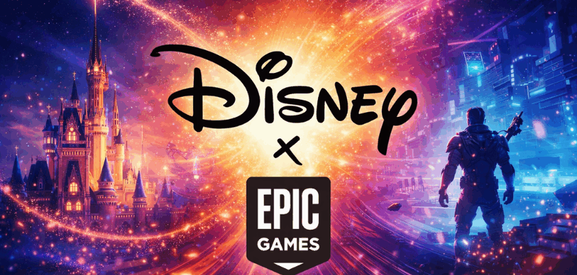 Illustration eines möglichen Zusammenschlusses von Disney und Epic Games: Links ein leuchtendes Disney-Schloss in einer magischen Fantasiewelt, rechts eine futuristische Gaming-Stadt mit einer Spielfigur. In der Mitte stehen die Logos von Disney und Epic Games vor einem farbenfrohen, energiegeladenen Hintergrund.