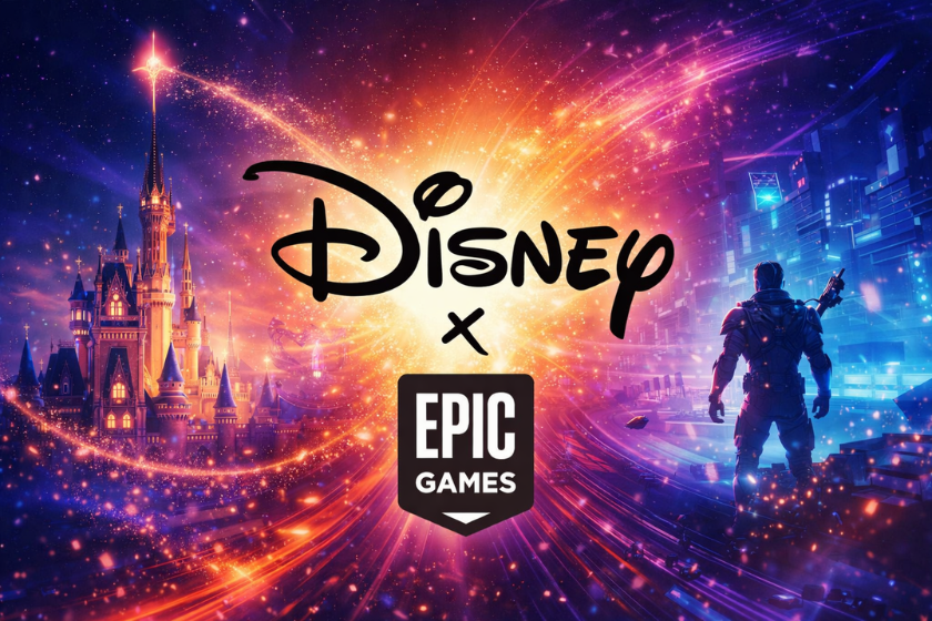 Illustration eines möglichen Zusammenschlusses von Disney und Epic Games: Links ein leuchtendes Disney-Schloss in einer magischen Fantasiewelt, rechts eine futuristische Gaming-Stadt mit einer Spielfigur. In der Mitte stehen die Logos von Disney und Epic Games vor einem farbenfrohen, energiegeladenen Hintergrund.