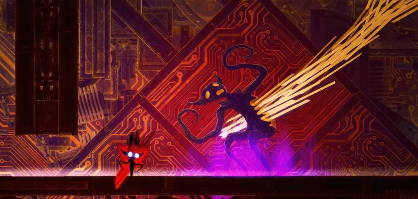 Ein schattenhaftes Mädchen mit leuchtend rotem Schwert greift eine dunkle Kreatur an – alles in einer düsteren, actiongeladenen Szene.