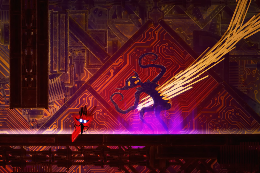 Ein schattenhaftes Mädchen mit leuchtend rotem Schwert greift eine dunkle Kreatur an – alles in einer düsteren, actiongeladenen Szene.
