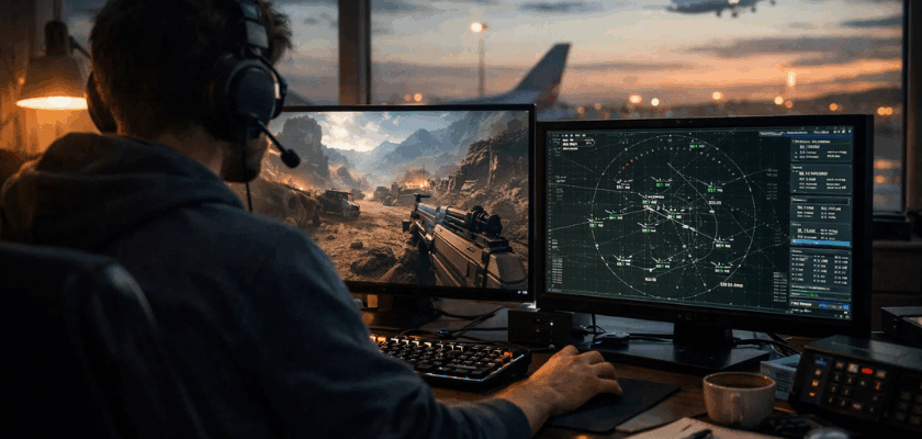 Gamer sitzt von hinten an einem Multi-Monitor-Setup mit Headset, ein Bildschirm zeigt ein Videospiel, der andere ein Fluglotsen-Radar, im Hintergrund startet ein Flugzeug bei Sonnenuntergang