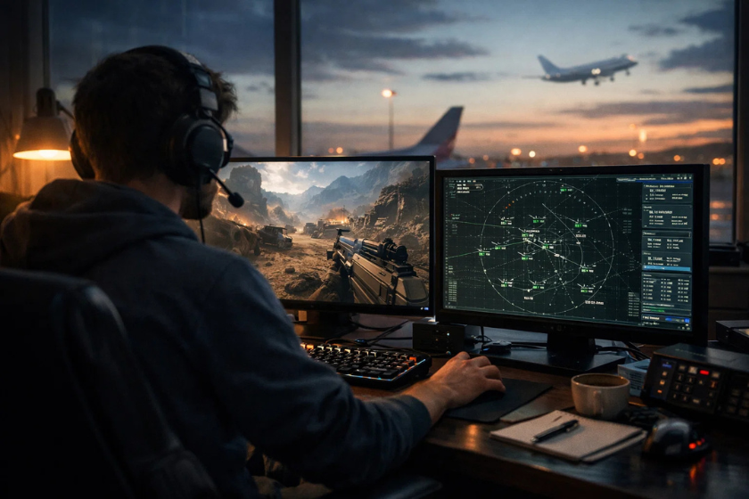 Gamer sitzt von hinten an einem Multi-Monitor-Setup mit Headset, ein Bildschirm zeigt ein Videospiel, der andere ein Fluglotsen-Radar, im Hintergrund startet ein Flugzeug bei Sonnenuntergang