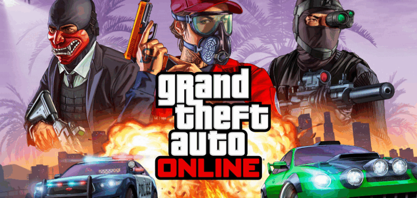 GTA Online Artwork mit maskierten Charakteren, Explosion im Hintergrund sowie Polizeiauto und Sportwagen im Vordergrund.