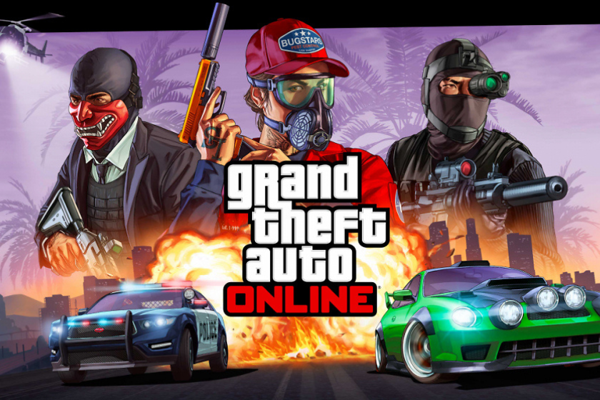 GTA Online Artwork mit maskierten Charakteren, Explosion im Hintergrund sowie Polizeiauto und Sportwagen im Vordergrund.