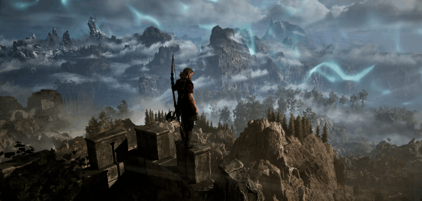 Spielfigur steht auf einer Burgmauer und blickt über eine neblige Berglandschaft mit mystischen Lichteffekten im Gothic 1 Remake