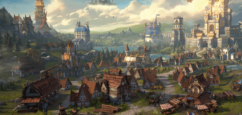 Bunte Fantasy-Landschaft mit einer mittelalterlichen Stadt: Im Vordergrund stehen kleine Häuser mit roten Dächern, Marktstände und Wege, während im Hintergrund große Burgen und Türme auf Hügeln thronen. Über der Szene schweben magische Gebäude in den Wolken, und ein Drache fliegt durch den Himmel.