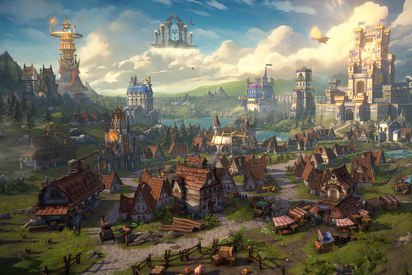 Bunte Fantasy-Landschaft mit einer mittelalterlichen Stadt: Im Vordergrund stehen kleine Häuser mit roten Dächern, Marktstände und Wege, während im Hintergrund große Burgen und Türme auf Hügeln thronen. Über der Szene schweben magische Gebäude in den Wolken, und ein Drache fliegt durch den Himmel.