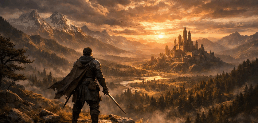 Epische Fantasy-Szene: Eine gepanzerte Figur steht auf einem Hügel und blickt über eine weite Landschaft mit Bergen, Wäldern und einer großen mittelalterlichen Stadt mit Schloss im Sonnenuntergang.