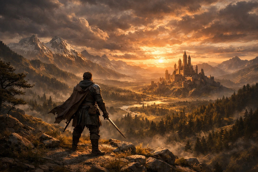 Epische Fantasy-Szene: Eine gepanzerte Figur steht auf einem Hügel und blickt über eine weite Landschaft mit Bergen, Wäldern und einer großen mittelalterlichen Stadt mit Schloss im Sonnenuntergang.