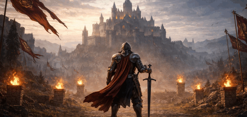 Ritter in Rüstung mit rotem Umhang steht vor einer großen mittelalterlichen Burg auf einem Hügel, umgeben von brennenden Fackeln, Fahnen und einer dramatischen Abendstimmung.