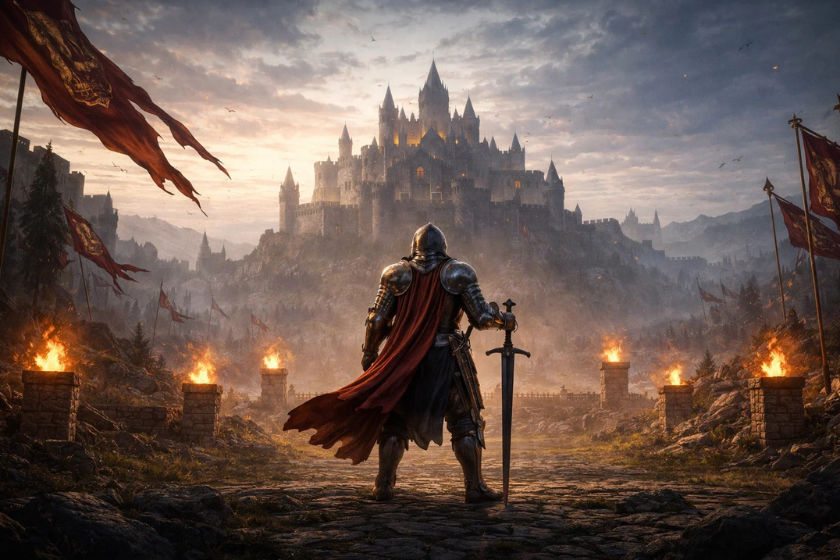 Ritter in Rüstung mit rotem Umhang steht vor einer großen mittelalterlichen Burg auf einem Hügel, umgeben von brennenden Fackeln, Fahnen und einer dramatischen Abendstimmung.