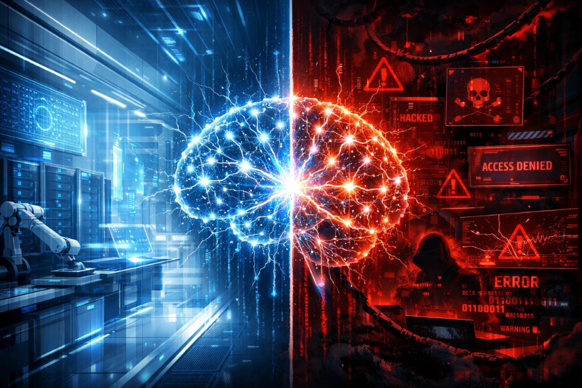 Ein futuristisches KI-Gehirn teilt das Bild in zwei Hälften: links eine helle, saubere Hightech-Umgebung mit Servern und Robotik, rechts eine dunkle Szene mit Warnsymbolen, „Hacked“-Meldungen und Cyberangriffen – als Symbol für Fortschritt und Risiko.