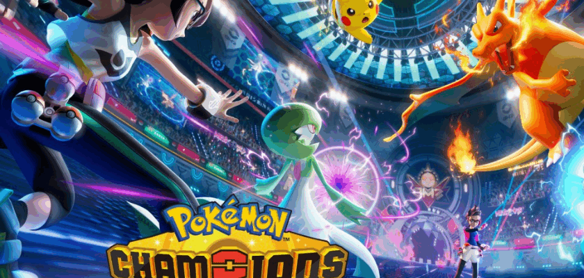 Pokémon Champions: Trainer steht in einer futuristischen Arena, während mehrere Pokémon, darunter ein fliegendes Feuer-Pokémon und ein gelbes Elektro-Pokémon, in einem dynamischen Kampf aufeinandertreffen, umgeben von leuchtenden Effekten und digitaler Stadionkulisse.