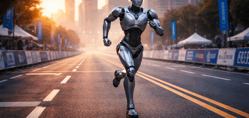 **Alt-Text:** Humanoider Roboter läuft alleine auf einer abgesperrten Marathonstrecke in einer Stadt bei Sonnenaufgang.