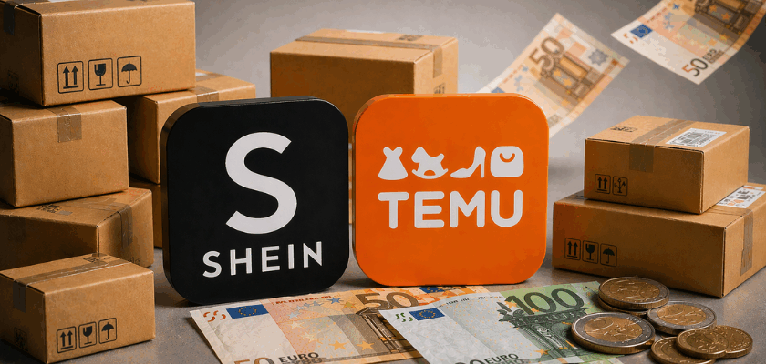 Zwei App-Symbole von Shein und Temu stehen vor mehreren gestapelten Versandkartons. Davor liegen Euro-Banknoten, daneben einige Münzen. Im Hintergrund schweben weitere Geldscheine.