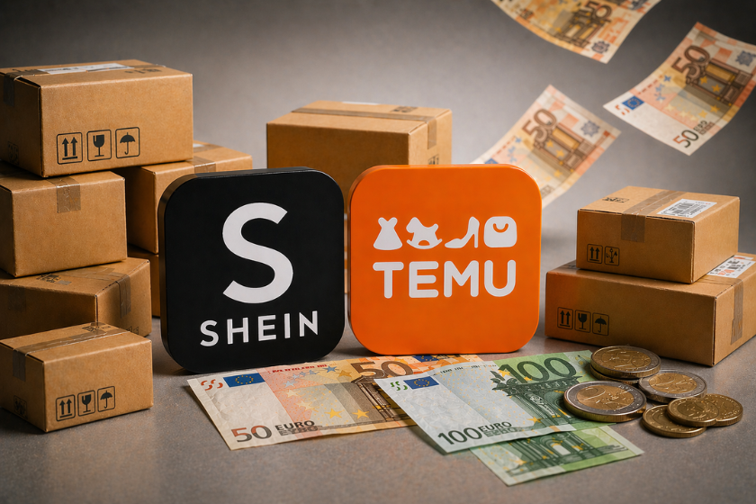 Zwei App-Symbole von Shein und Temu stehen vor mehreren gestapelten Versandkartons. Davor liegen Euro-Banknoten, daneben einige Münzen. Im Hintergrund schweben weitere Geldscheine.