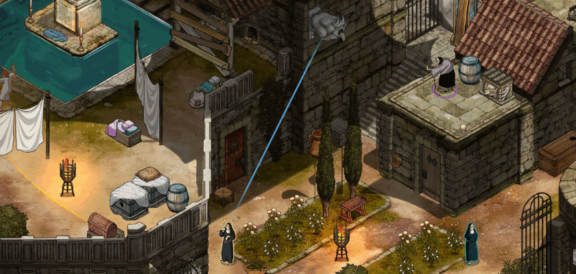 Isometrische Spielszene eines mittelalterlichen Klosters mit Innenhof, Brunnen und Gebäuden, in der mehrere Figuren unterwegs sind und eine blaue Sichtlinie zwischen zwei Charakteren dargestellt wird.