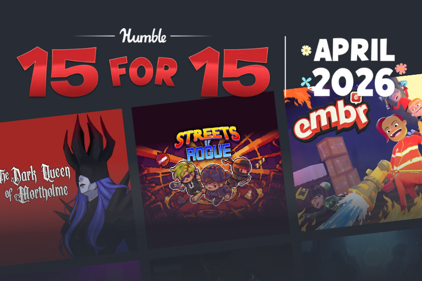 Werbegrafik zur Aktion „Humble 15 für 15“: Oben steht „Humble 15 for 15“, rechts „April 2026“. Darunter sind verschiedene Spiele-Cover zu sehen, darunter „The Dark Queen of Mortholme“, „Streets of Rogue“ und „Embr“. Die Grafik bewirbt ein Spielebundle im Rahmen der Aktion.