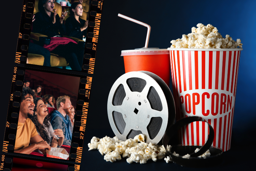 Symbolbild für „Kino-Starts Mai 2026“: Zu sehen sind ein Popcorn-Eimer mit der Aufschrift „Popcorn“, ein Getränkebecher mit Strohhalm sowie eine Filmrolle und verstreutes Popcorn. Links im Bild sind Filmszenen mit lachenden Kinobesuchern zu sehen, die für ein Kinoerlebnis stehen.