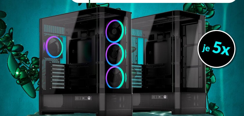 Zwei ENDORFY Aquarius 8000 PC-Gehäuse (Corona mit RGB-Beleuchtung und Flex) mit Glasfront vor grünem Hintergrund, Hinweis auf Testaktion „testen. bewerten. behalten.“ und „je 5x“