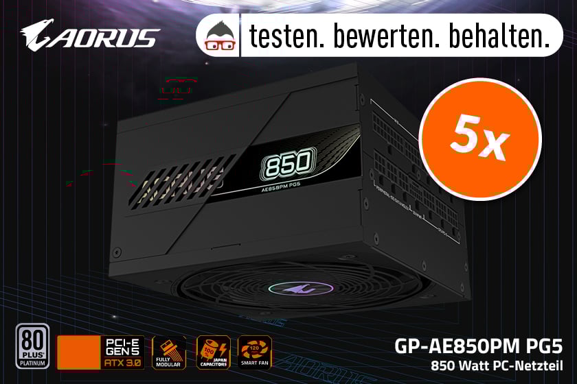 Werbegrafik für eine "Testen.Bewerten.Behalten."-Aktion mit GIGABYTE AORUS. Im Mittelpunkt steht ein schwarzes Netzteil „GP-AE850PM PG5“ mit „850 Watt“. Rechts ein Hinweis „je 5x“. Unten werden Features hervorgehoben wie „80 PLUS Platinum“, „PCIe Gen5 RTX 3.0“, „Fully Modular“, „100% Japan Capacitors“ und „Smart Fan“.