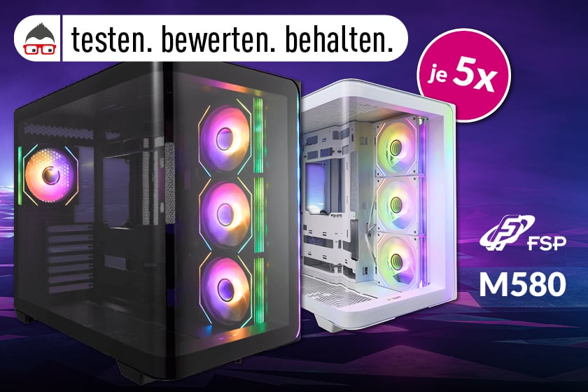 Werbegrafik für eine Produkttest-Aktion mit FSP. Zu sehen sind zwei PC-Gehäuse mit RGB-Lüftern (schwarz und weiß, Modell „FSP M580“) vor einem abstrakten violetten Hintergrund; Text „testen. bewerten. behalten.“ und Hinweis „je 5x“ zeigt verfügbare Testobjekte.