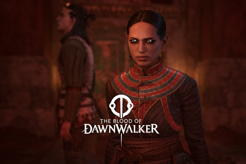Charakterdarstellung aus „Blood of Dawnwalker“: Im Vordergrund steht eine Frau mit strengem Blick und kunstvoll verzierter, mittelalterlich inspirierter Kleidung. Im Hintergrund ist eine weitere Figur leicht unscharf zu sehen. Die Szene ist in warmes, rötliches Licht getaucht und wirkt angespannt. In der Mitte befindet sich das Logo „The Blood of Dawnwalker“.