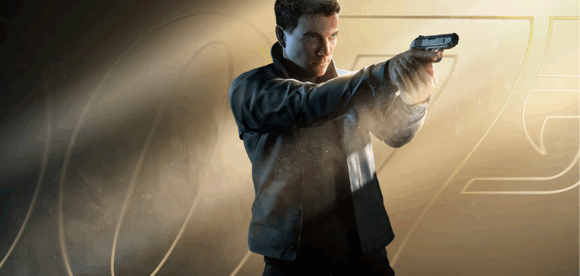 Junger James Bond aus 007 First Light mit gezogener Pistole vor goldenem Hintergrund und 007-Logo.