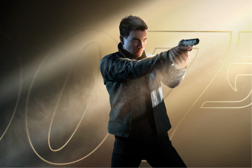 Junger James Bond aus 007 First Light mit gezogener Pistole vor goldenem Hintergrund und 007-Logo.