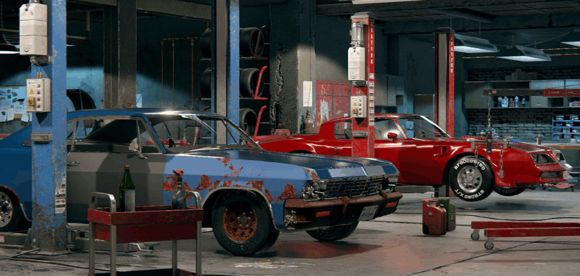 Screenshot aus Car Mechanic Simulator 2018 mit einem blauen, rostigen Muscle Car und einem roten Sportwagen auf Hebebühnen in einer Auto-Werkstatt.