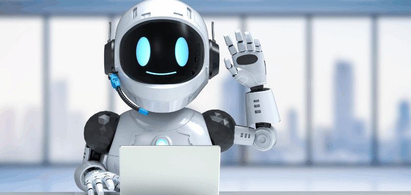 Freundlicher KI Roboter sitzt mit Laptop im Büro und winkt in die Kamera. Das Bild symbolisiert ChatGPT und künstliche Intelligenz im Alltag.