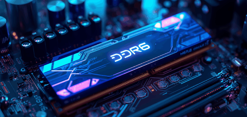 Futuristisches DDR6-RAM-Modul mit blauer und violetter Neonbeleuchtung auf einem modernen Mainboard. Das Bild zeigt einen KI-inspirierten Arbeitsspeicher in einer High-Tech-PC-Umgebung