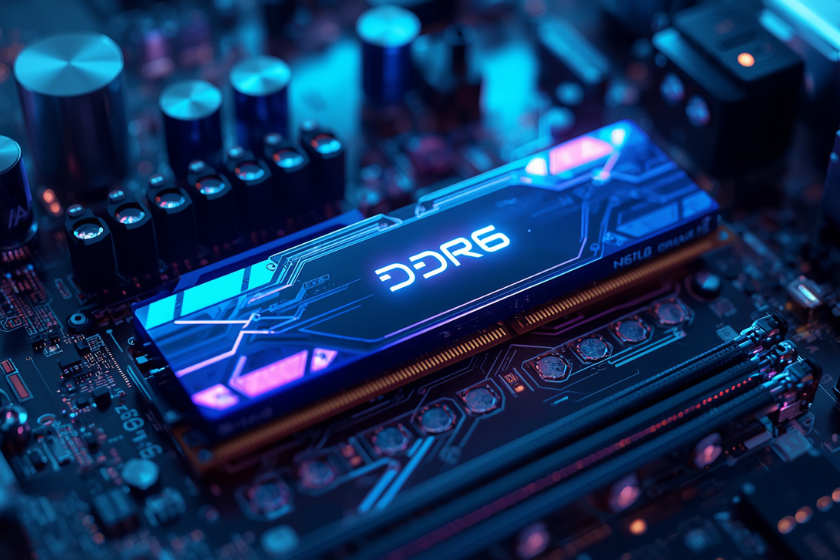 Futuristisches DDR6-RAM-Modul mit blauer und violetter Neonbeleuchtung auf einem modernen Mainboard. Das Bild zeigt einen KI-inspirierten Arbeitsspeicher in einer High-Tech-PC-Umgebung