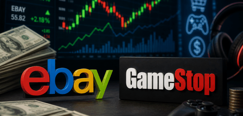 Darstellung von eBay- und GameStop-Logos im Vordergrund auf einem Tisch, umgeben von Geldscheinen, Münzen und einem Game-Controller. Im Hintergrund sind Börsencharts mit steigenden Kursen zu sehen, die das Thema Aktien, Gaming und Finanzen symbolisieren.