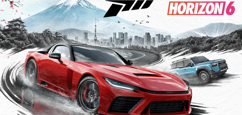 Forza Horizon 6 Key Art mit rotem Sportwagen, blauem Offroad-Fahrzeug und japanischer Landschaft im Hintergrund.