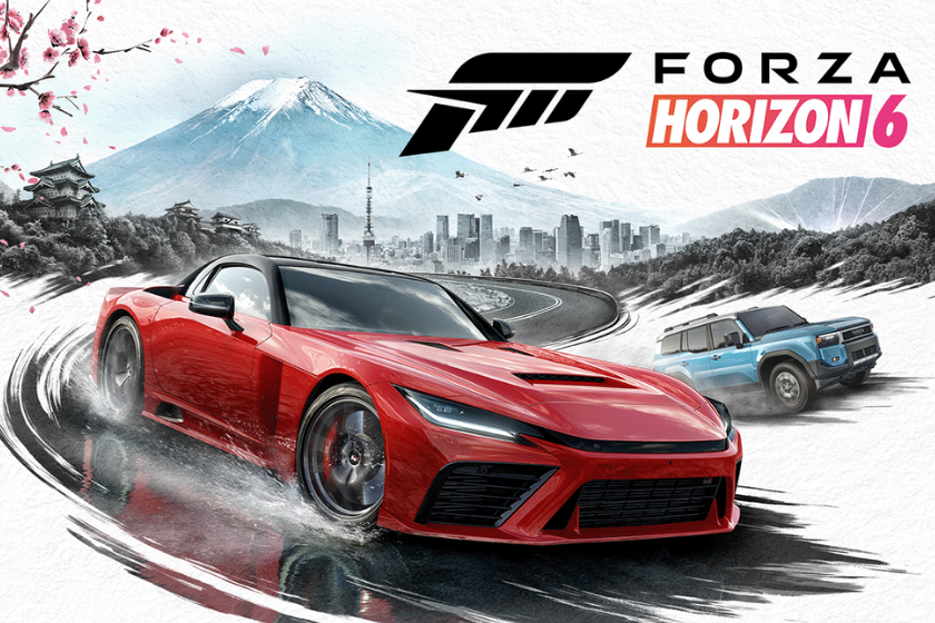 Forza Horizon 6 Key Art mit rotem Sportwagen, blauem Offroad-Fahrzeug und japanischer Landschaft im Hintergrund.