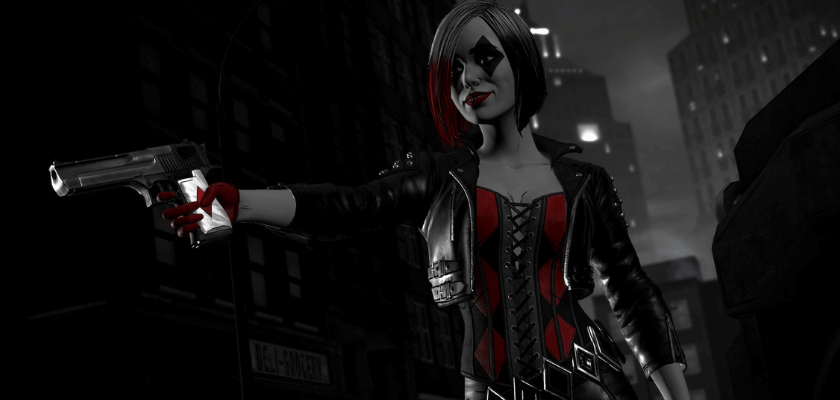 Harley Quinn in düsterem Gotham Look mit gezogener Pistole aus Batman The Telltale Shadows Edition.