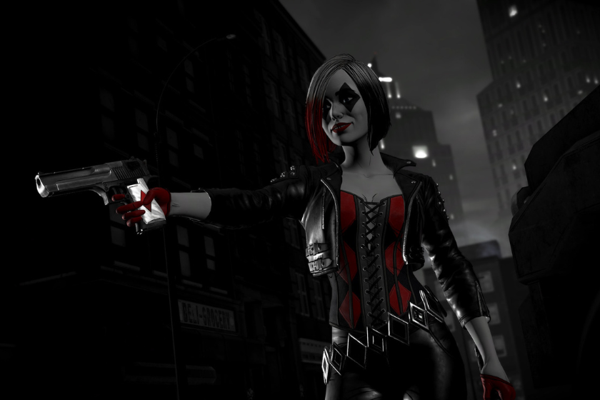 Harley Quinn in düsterem Gotham Look mit gezogener Pistole aus Batman The Telltale Shadows Edition.
