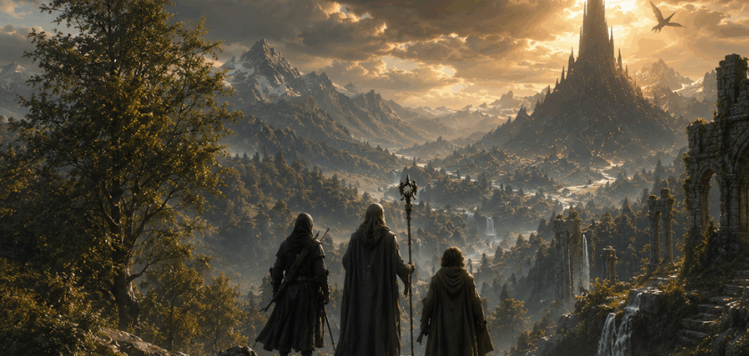 Drei Reisende blicken auf eine epische Fantasy-Landschaft mit Bergen, Ruinen und einem dunklen Turm im Hintergrund, inspiriert von klassischen Mittelerde-Abenteuern.