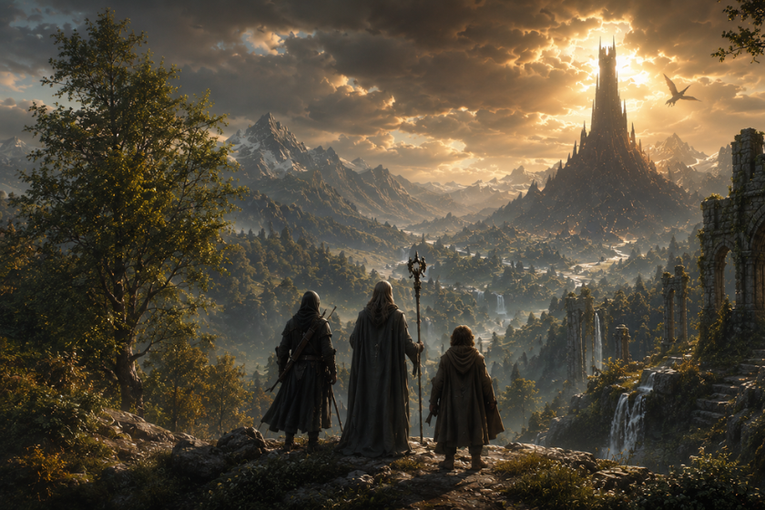 Drei Reisende blicken auf eine epische Fantasy-Landschaft mit Bergen, Ruinen und einem dunklen Turm im Hintergrund, inspiriert von klassischen Mittelerde-Abenteuern.
