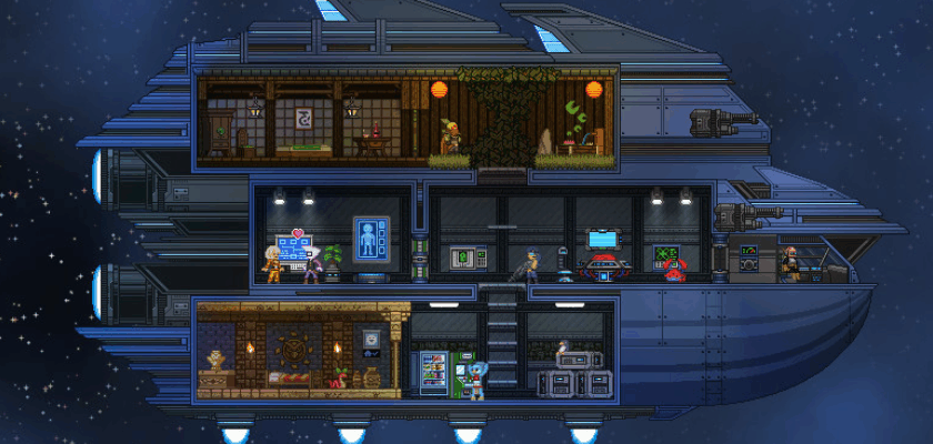 Pixel-Art-Raumschiff im Querschnitt mit mehreren detailreichen Wohn- und Technikräumen im Weltraum. Futuristisches Sci-Fi-Design mit gemütlichen Innenräumen, Computerkonsolen und Retro-Game-Optik im Stil eines Indie-Sandbox-Spiels.