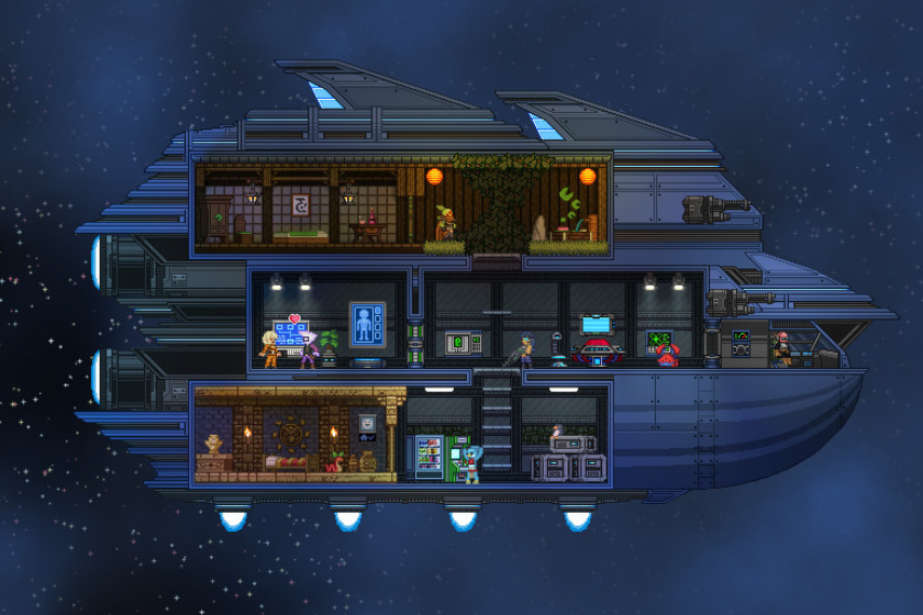 Pixel-Art-Raumschiff im Querschnitt mit mehreren detailreichen Wohn- und Technikräumen im Weltraum. Futuristisches Sci-Fi-Design mit gemütlichen Innenräumen, Computerkonsolen und Retro-Game-Optik im Stil eines Indie-Sandbox-Spiels.