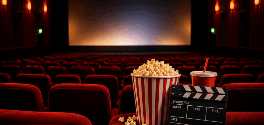Leerer Kinosaal mit roten Kinosesseln und großer Leinwand im Hintergrund. Im Vordergrund stehen auf einer Sitzreihe ein Eimer Popcorn, ein Getränkebecher und eine Filmklappe.