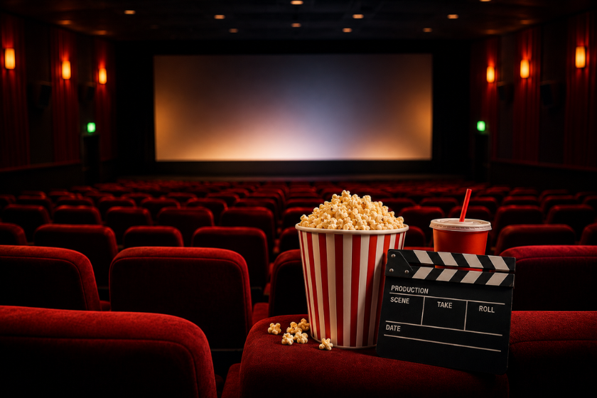 Leerer Kinosaal mit roten Kinosesseln und großer Leinwand im Hintergrund. Im Vordergrund stehen auf einer Sitzreihe ein Eimer Popcorn, ein Getränkebecher und eine Filmklappe.