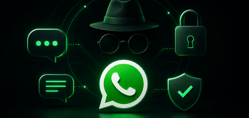 Dunkles futuristisches Blogbild in Schwarz- und Grüntönen mit leuchtendem WhatsApp-Logo in der Mitte. Darüber schweben ein Inkognito-Hut mit Brille sowie ein Schloss- und Schutzsymbol. Umgeben wird das Design von Chat- und Sprachsymbolen mit neonartigen grünen Lichteffekten